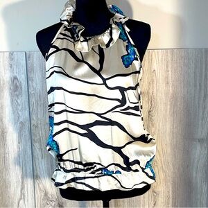 Imasu Elegant Cream & Black Halter Top w/Bright Blue Detail Ruffled Collar Large